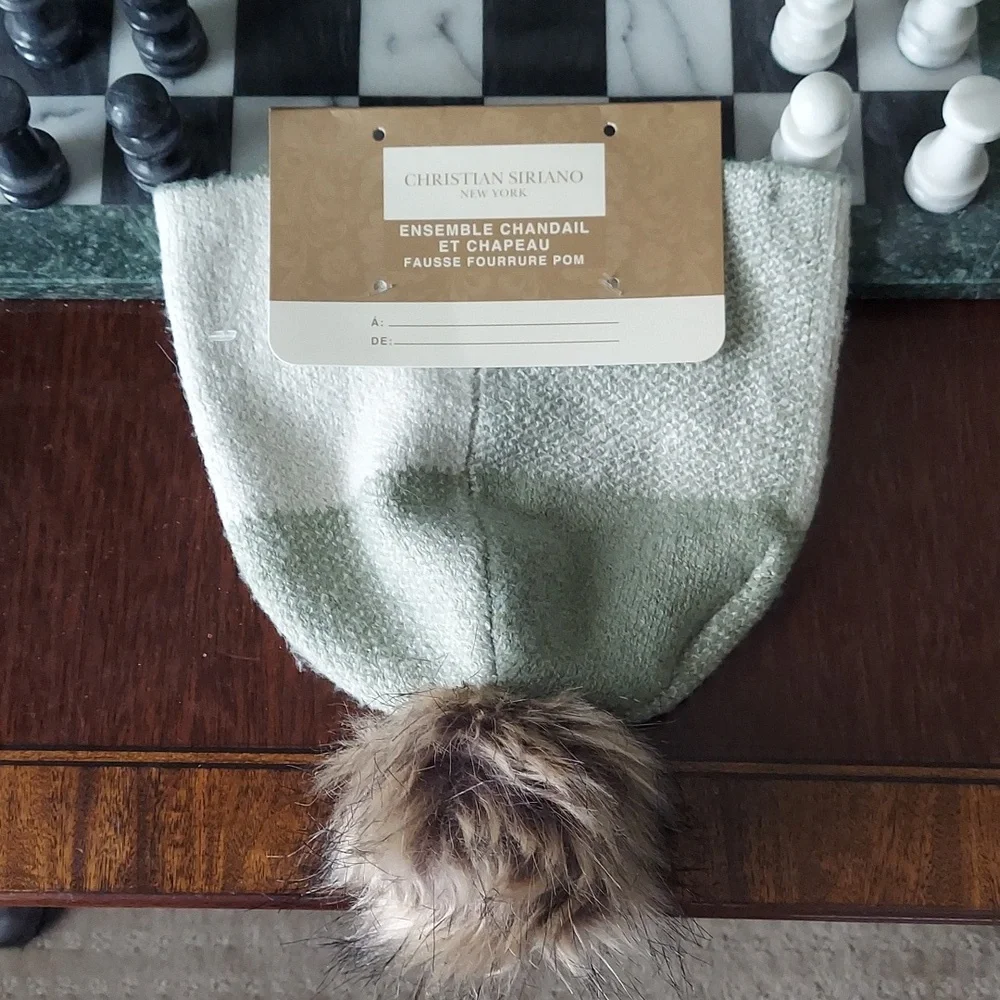 CHRISTIAN SIRIANO NEW YORK Cashmere Fur Plaid Beanie Avacado/Cream O/S BNWT SO